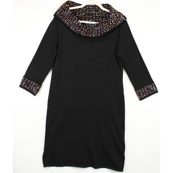 Spense Sweater Dress Women M Black Contrast Confetti Cowl Neck & Cuffs - Picture 1 of 12